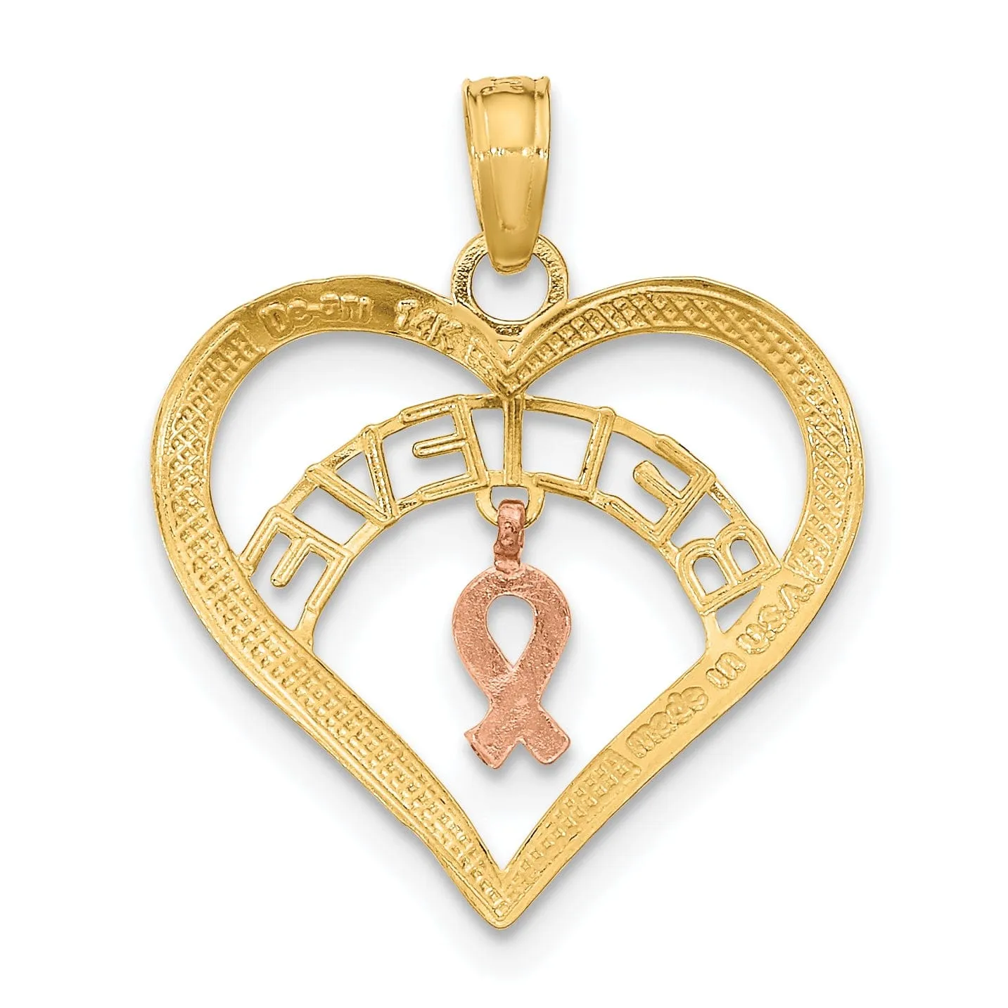 14k Two Tone Gold White Rhodium BELIEVE in Heart Shape with Breast Cancer Ribbon Charm Pendant