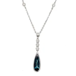 14K White Gold Bezel Set Pear-Shaped London Blue Topaz Drop Necklace with Diamond Accents