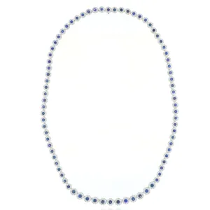 14k White Gold Blue Sapphire and Diamond Halo Tennis Necklace