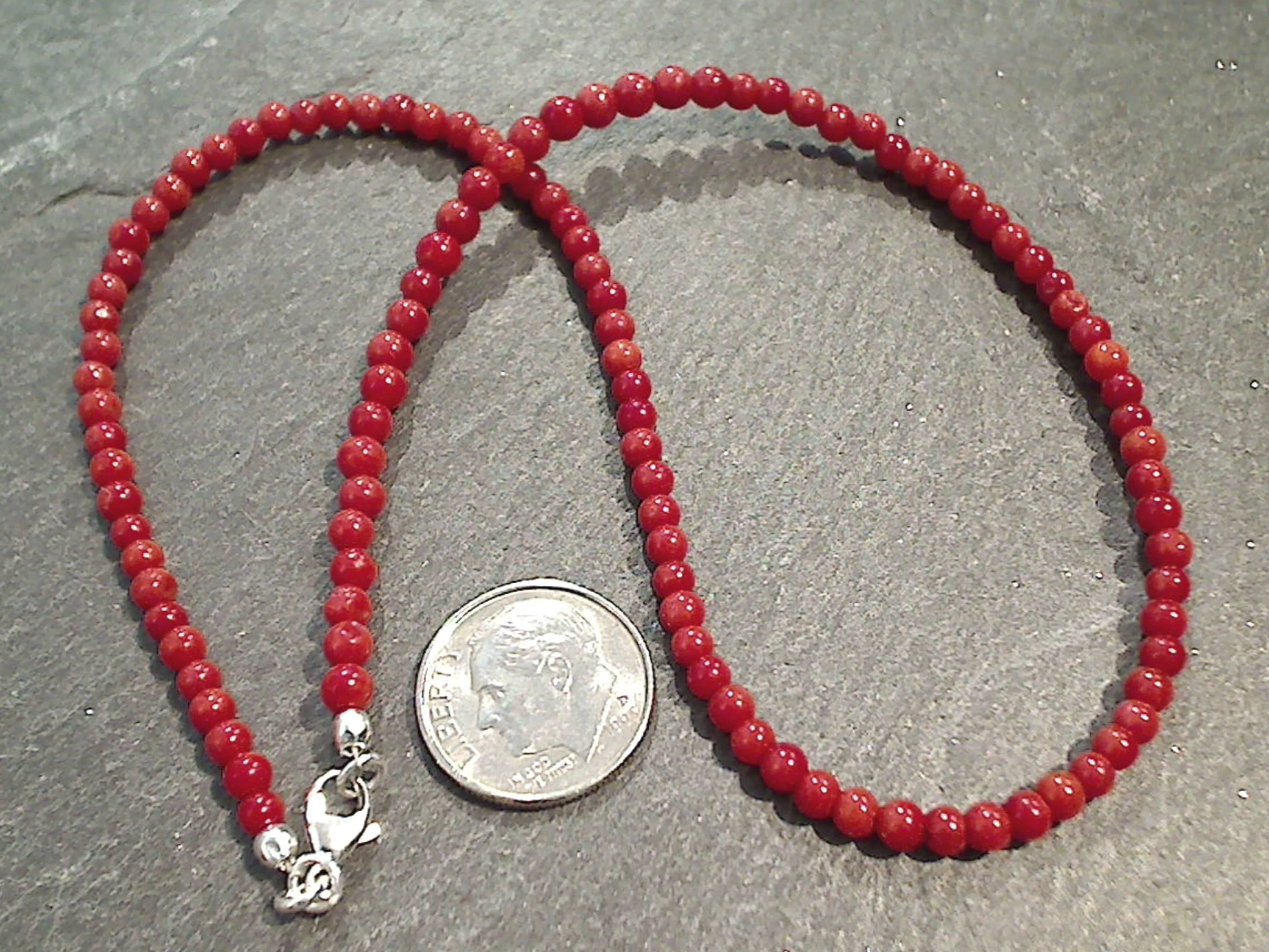 14" Red Coral, Sterling Silver 3MM to 4MM Necklace