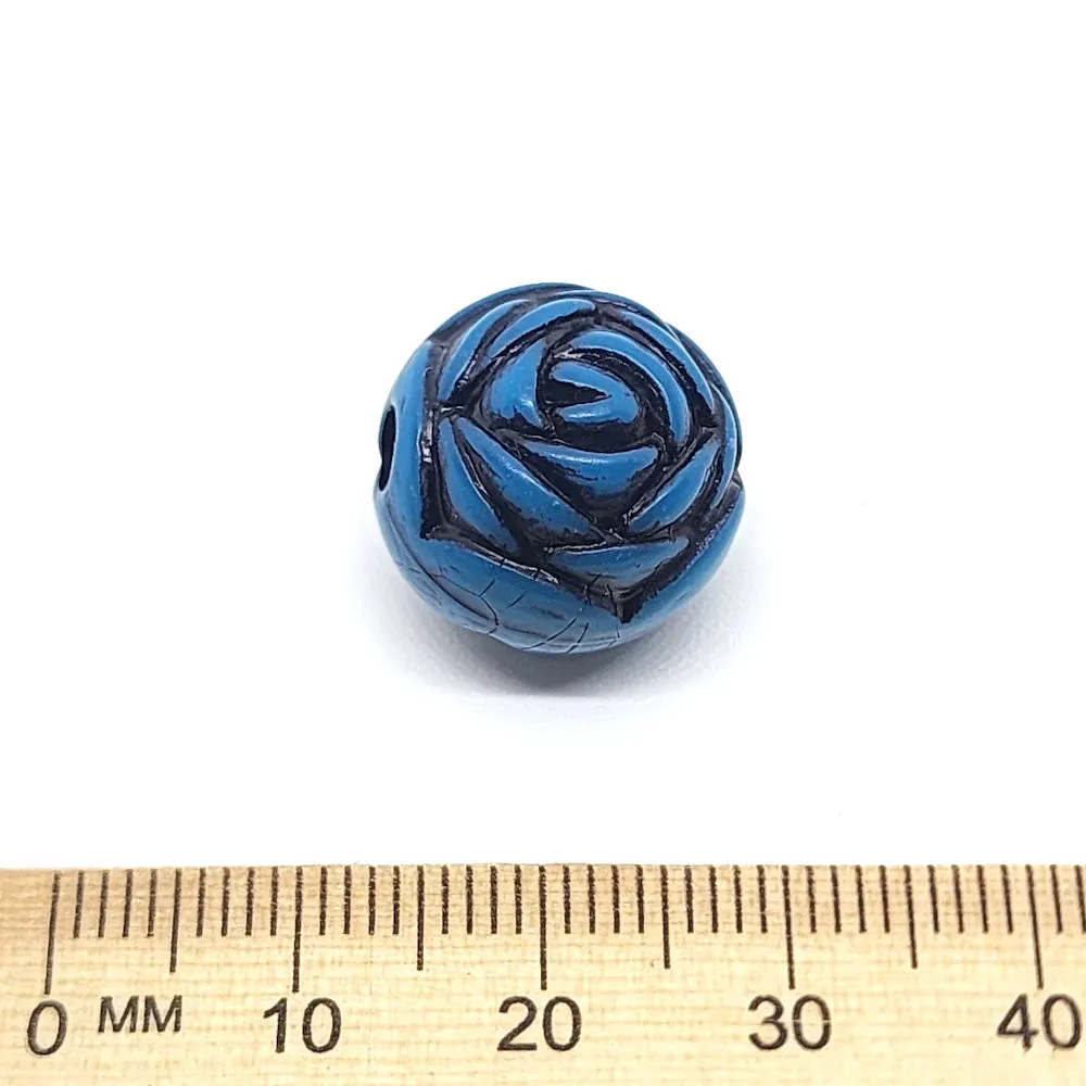 15mm Round Rose (10) - Blue w. Black - South Western Style Vintage Beads