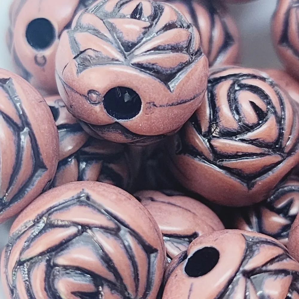 15mm Round Rose (10) - Brown w. Black - South Western Style Vintage Beads