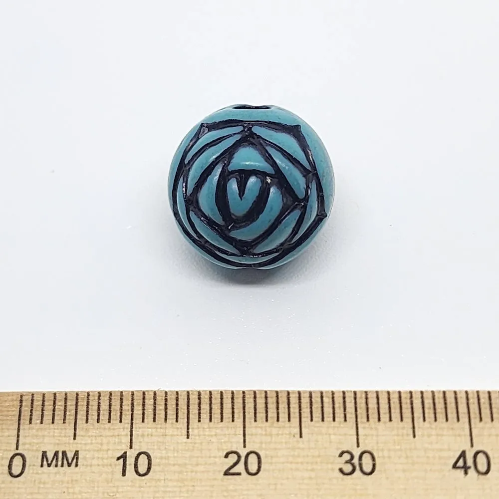 15mm Round Rose (10) - Turquoise w. Black - South Western Style Vintage Beads