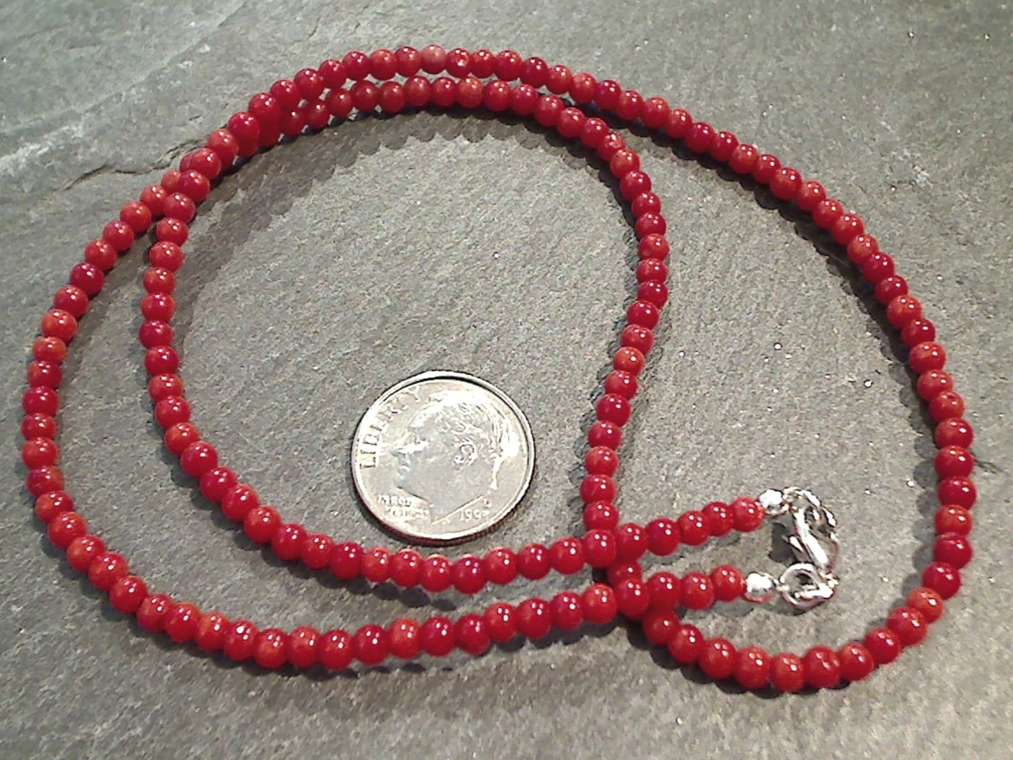 18.5" Red Coral, Sterling Silver 3MM to 4MM Necklace