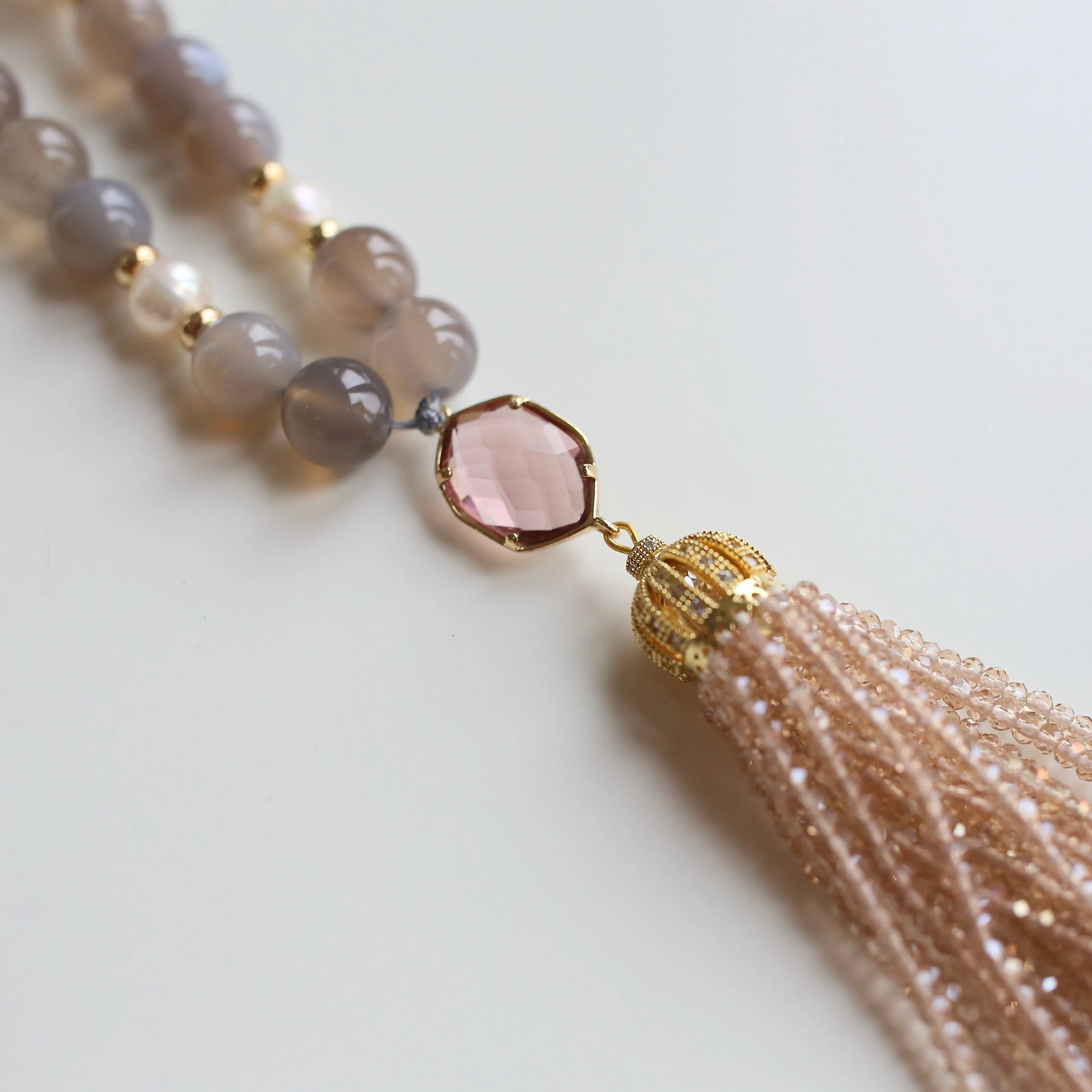 194-03 | CHAMPANGE CRYSTAL & PEARL TASSEL NECKLACE