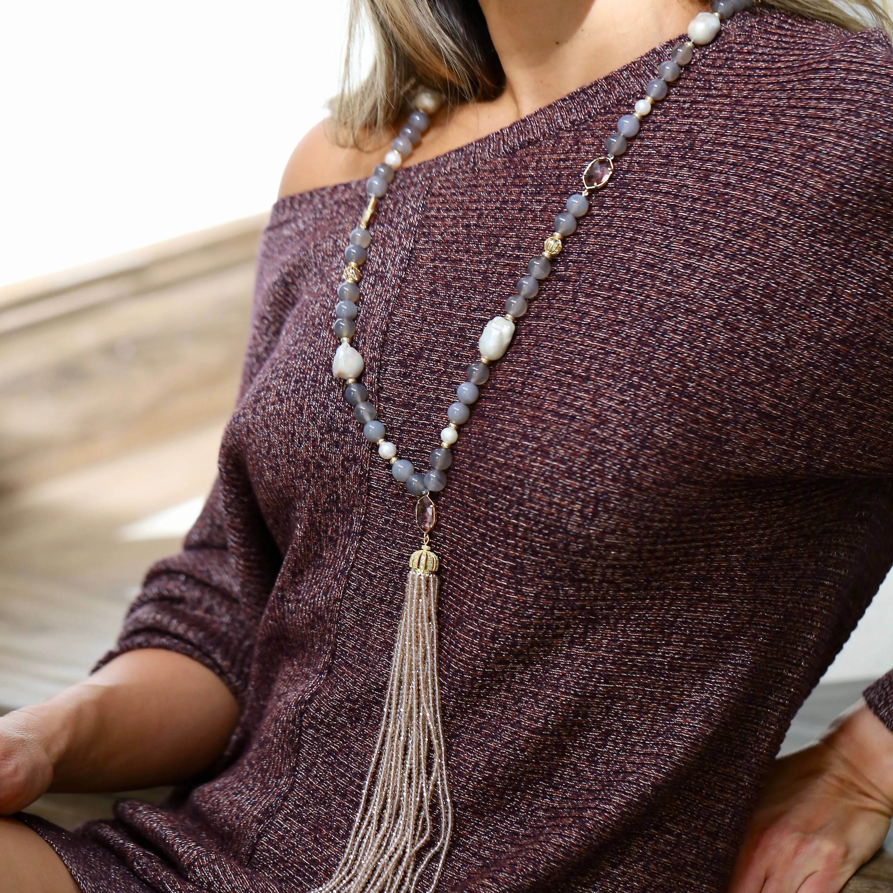 194-03 | CHAMPANGE CRYSTAL & PEARL TASSEL NECKLACE