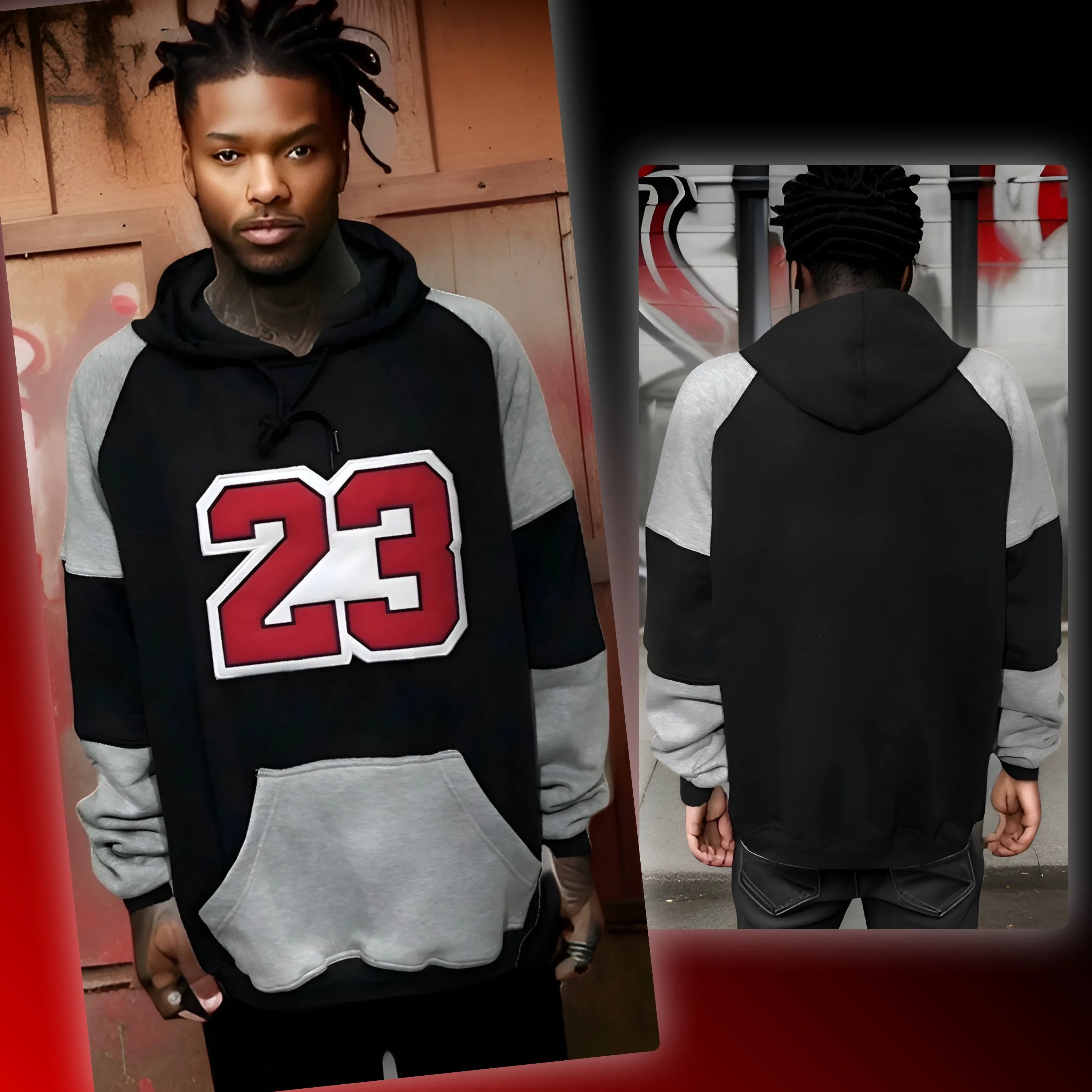 ^23^ (BLACK-LIGHT GREY) LUXURY PULLOVER HOODIES (CUT & SEW)