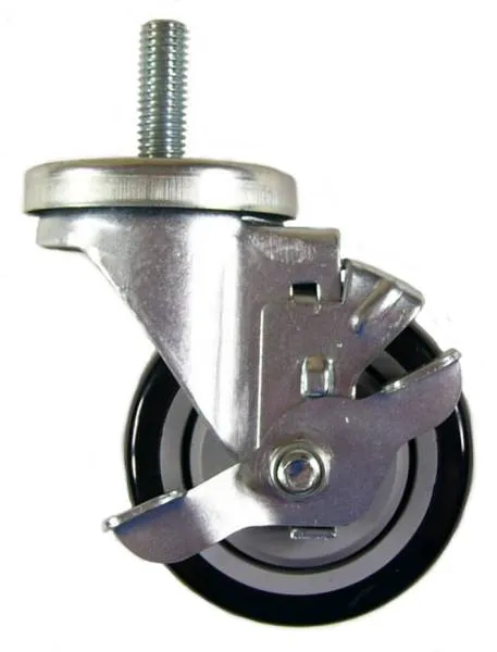 3-1/2" x 1-1/4" Polyurethane Wheel Swivel Caster with 1/2" Threaded Stem & Brake - 300 Lbs Capacity