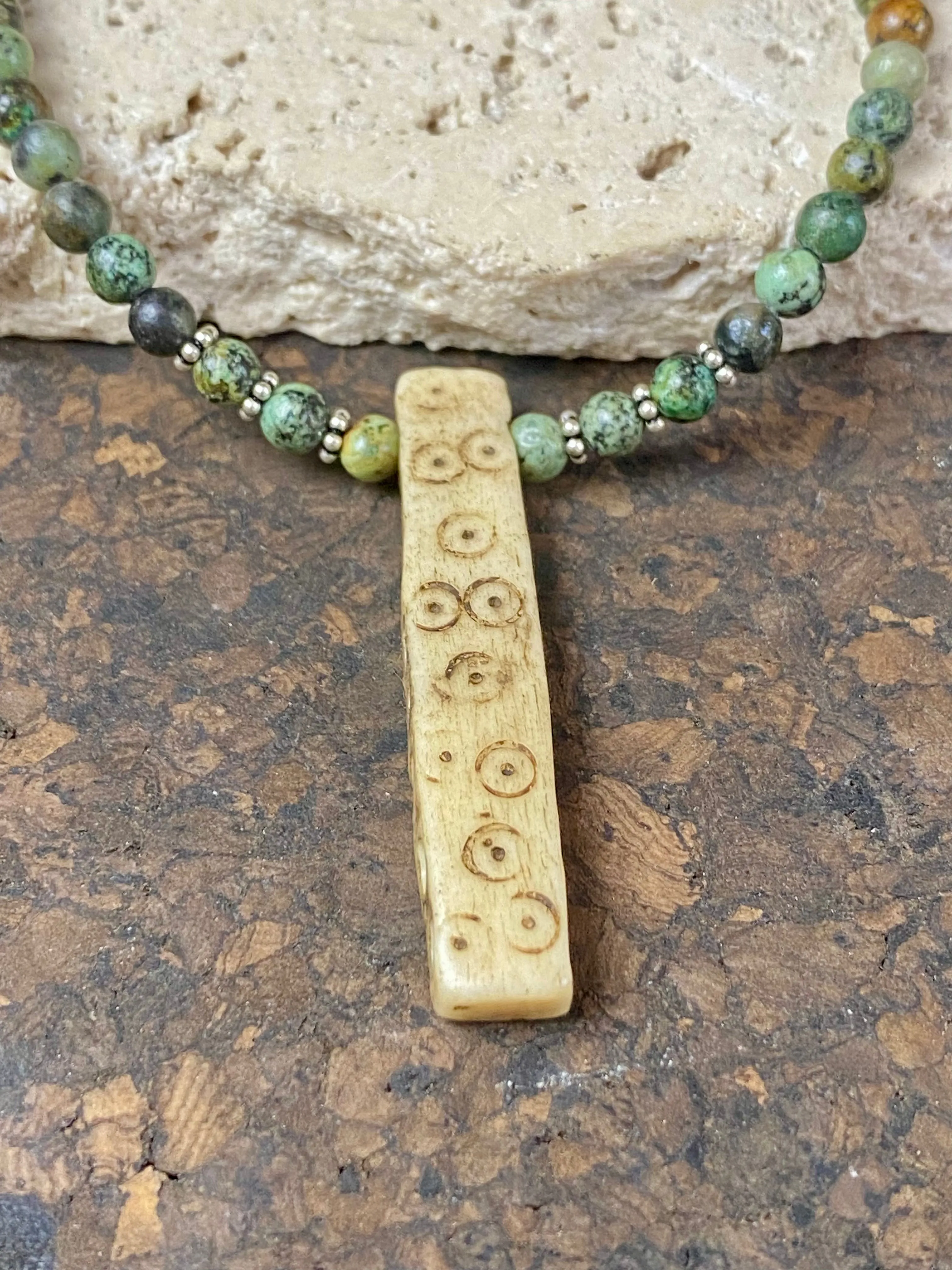 African Turquoise And Naga Bone Pendant Necklace