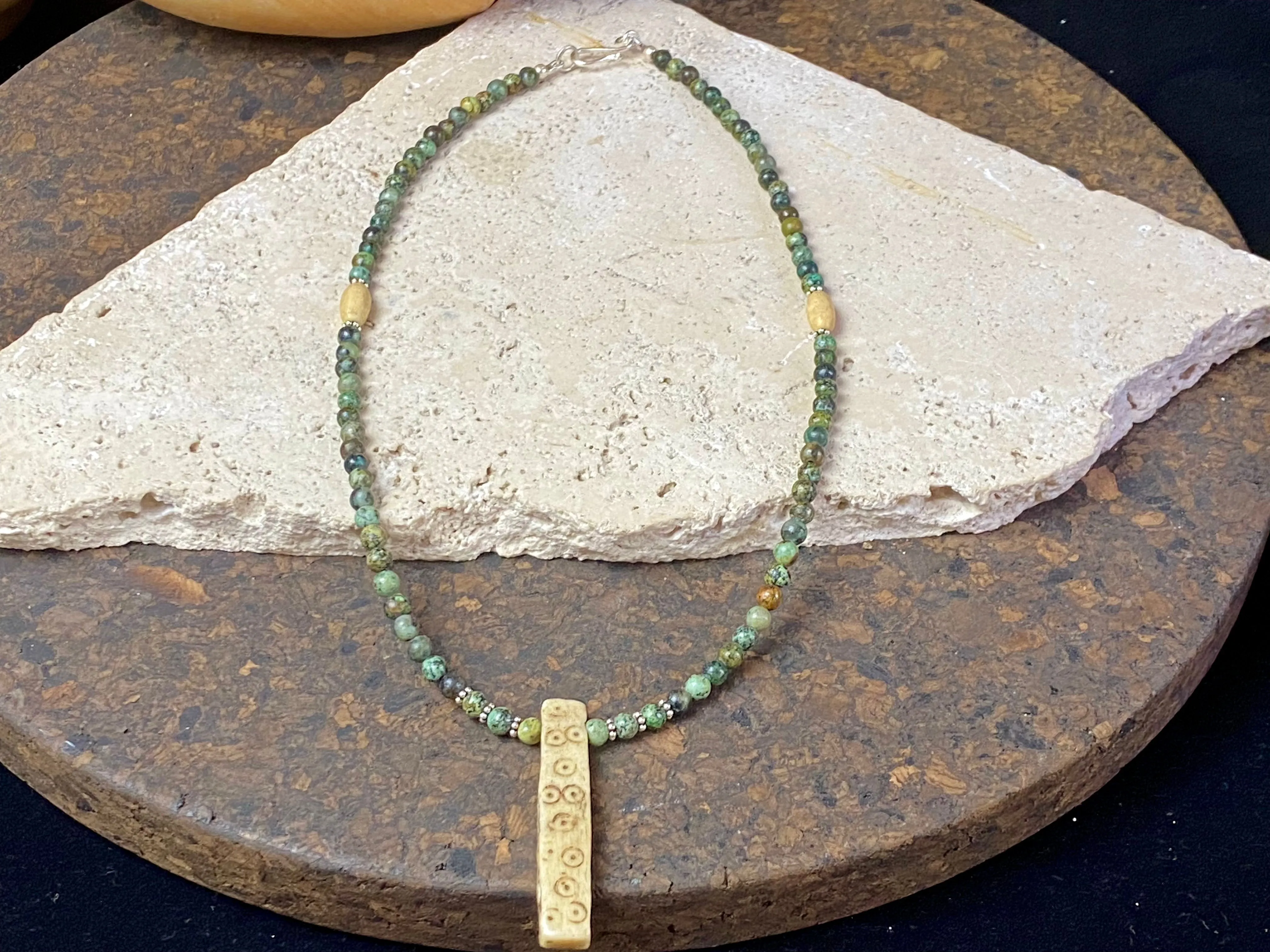 African Turquoise And Naga Bone Pendant Necklace