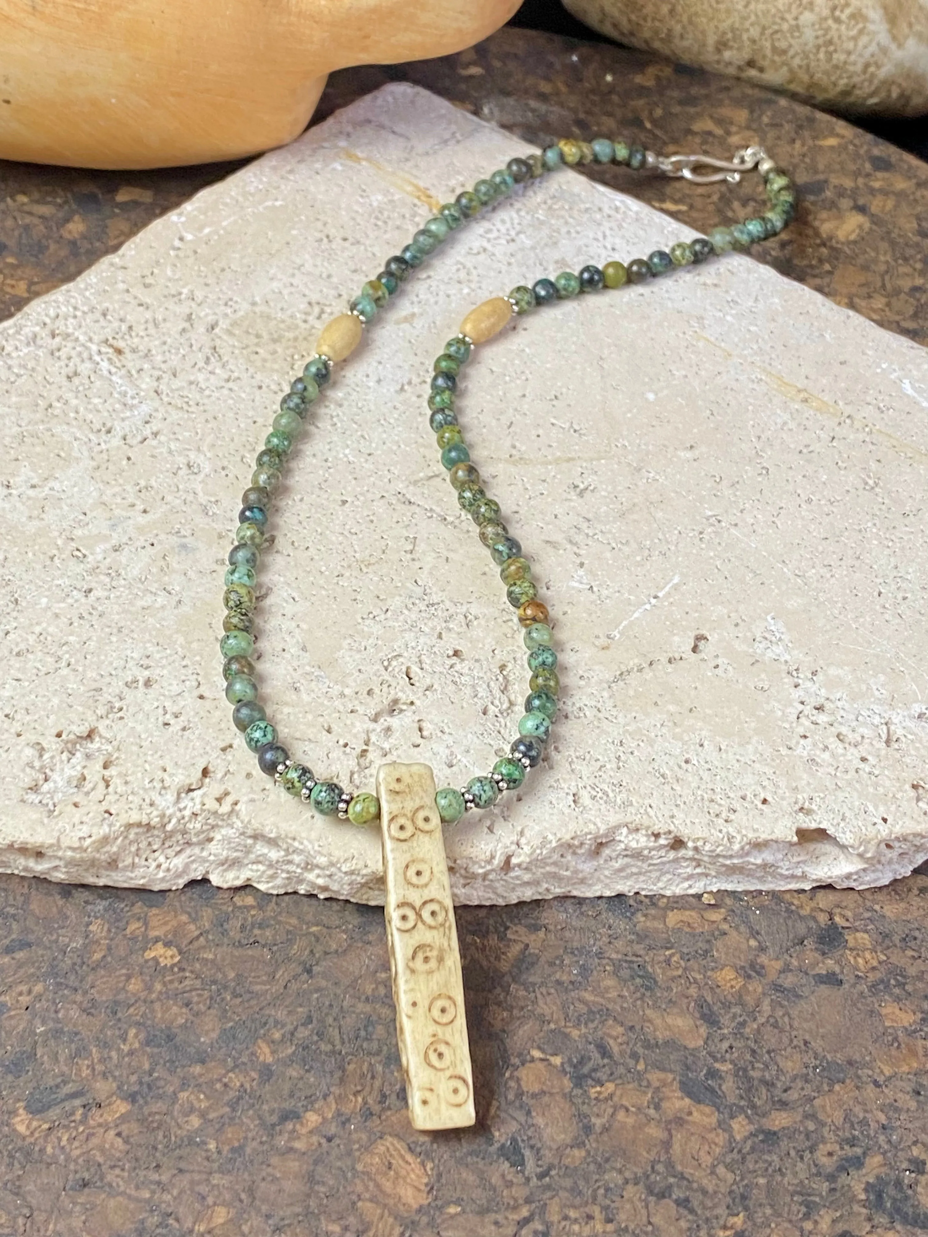 African Turquoise And Naga Bone Pendant Necklace