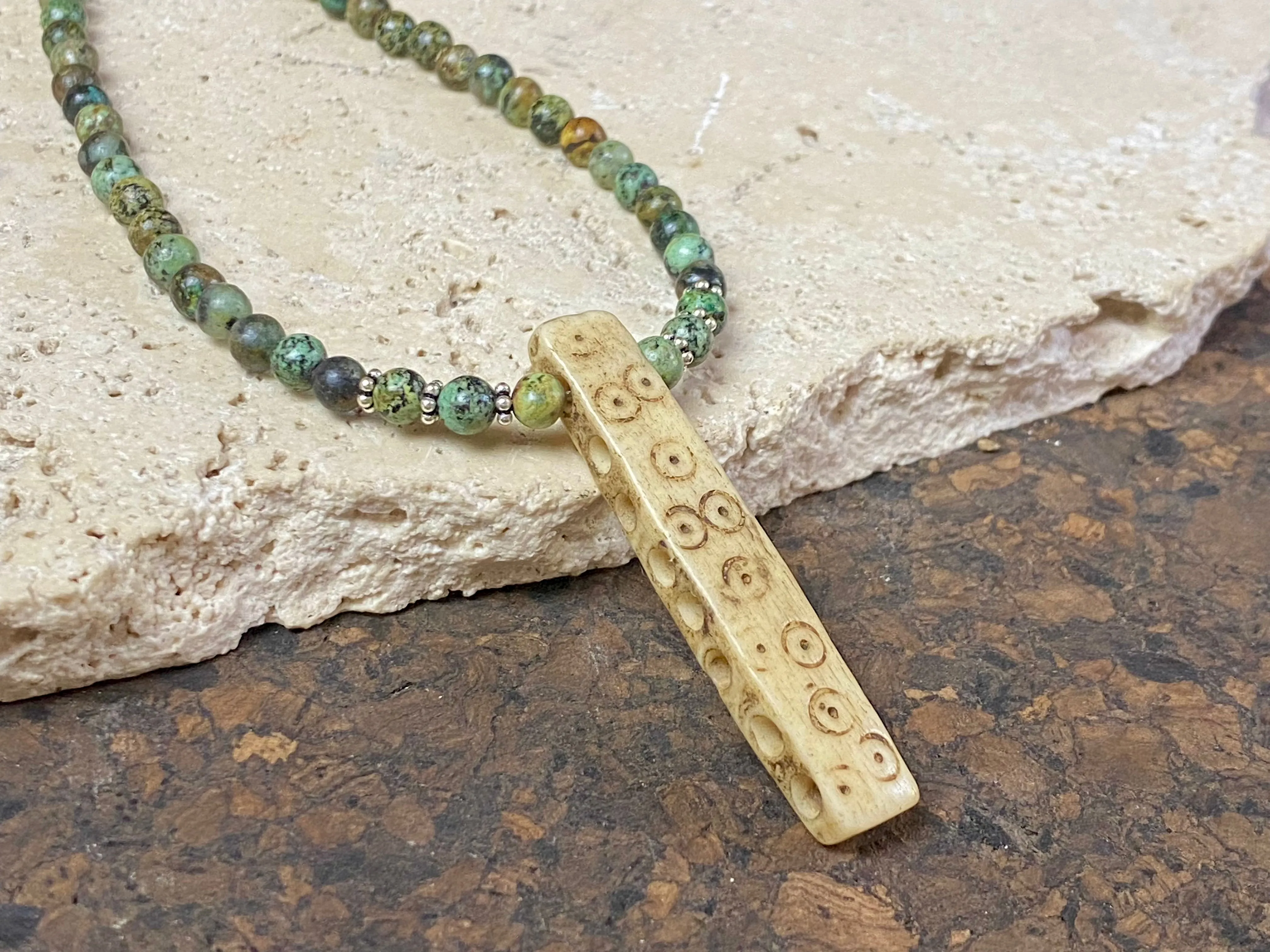 African Turquoise And Naga Bone Pendant Necklace