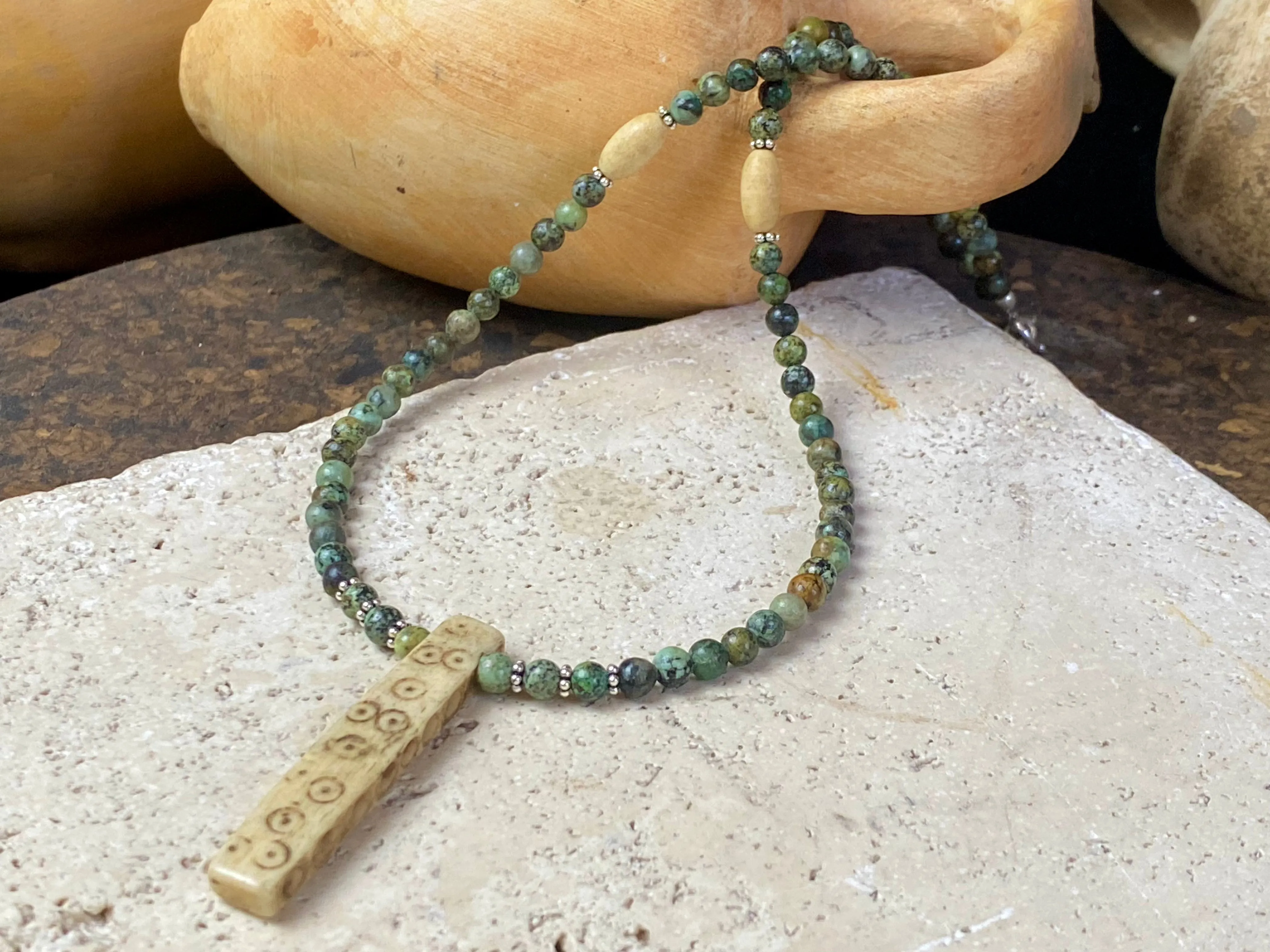 African Turquoise And Naga Bone Pendant Necklace