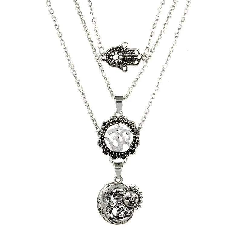 Alloy Moon Sun Choker Fashion Palm Multi-Layer Pendant Necklace For Women