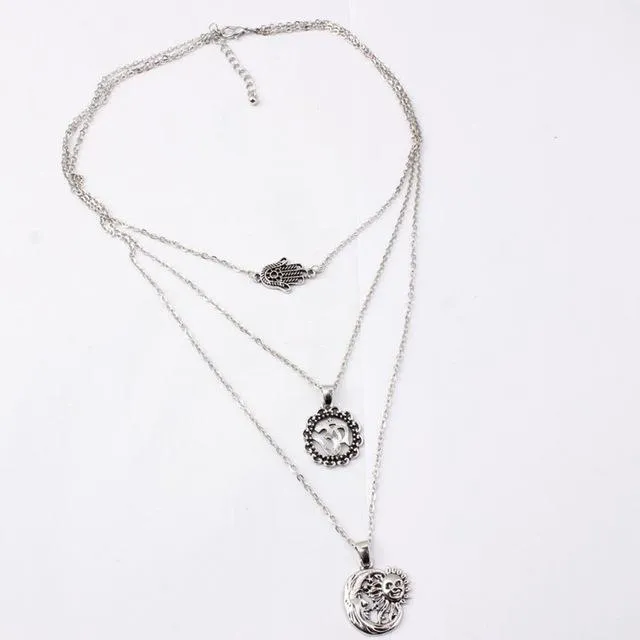 Alloy Moon Sun Choker Fashion Palm Multi-Layer Pendant Necklace For Women