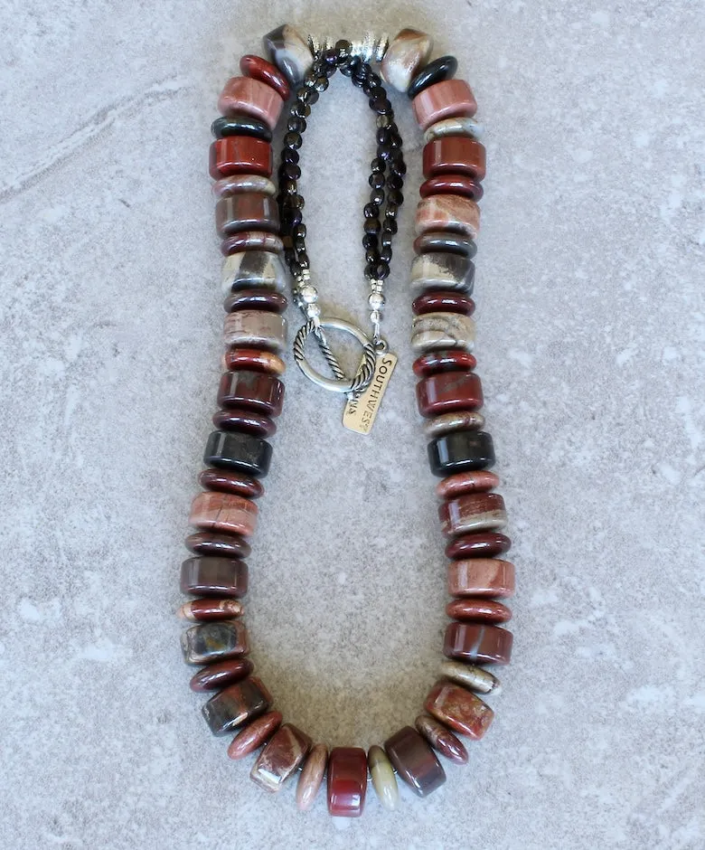 Apple Jasper Rondelle & Disc Bead Necklace with Czechoslovakian Nailheads and Sterling Silver