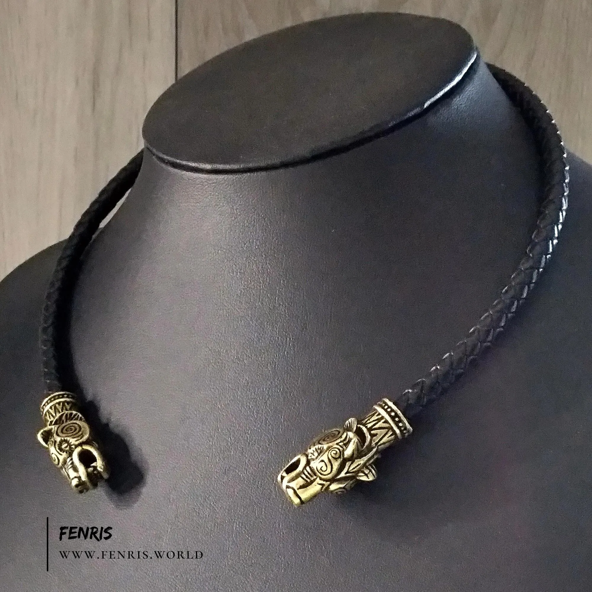 Bear Torc Bronze Black Leather Norse Viking Style | Fenris