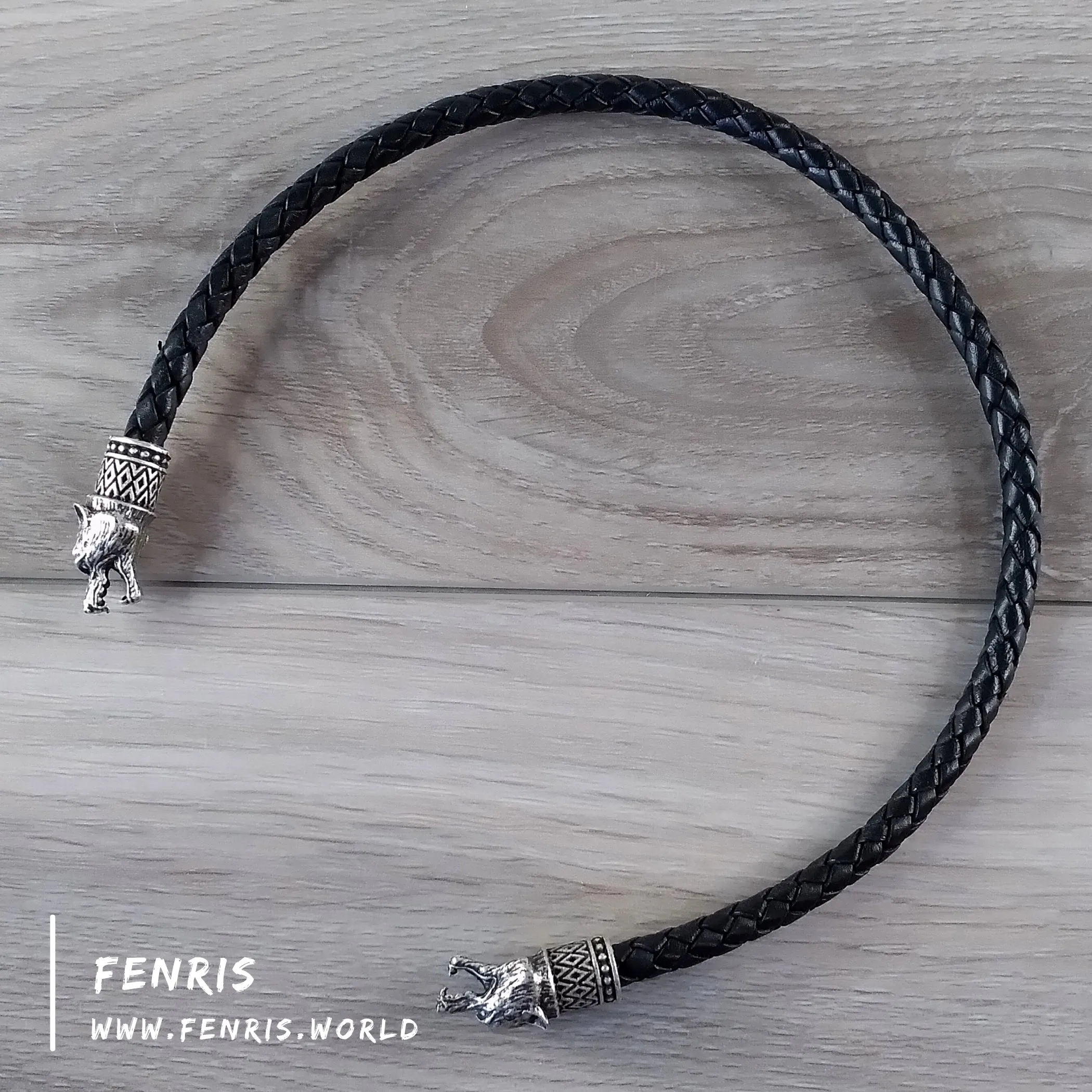 Bear Torc Necklace Silver Black Leather Norse Viking Style