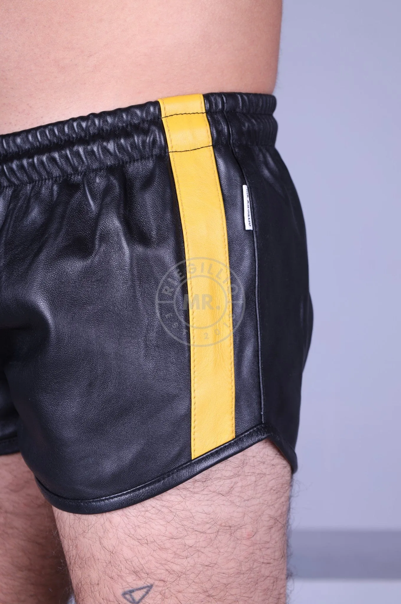 Black Leather Mini Short - YELLOW STRIPE