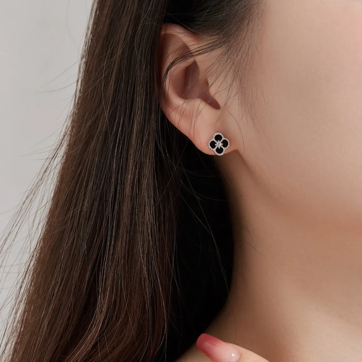 Black Onyx Clover Stud Earrings