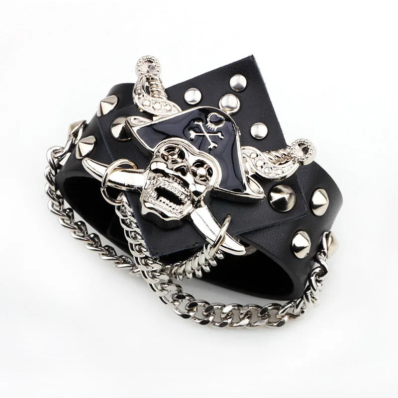 Black Pirate Metal Skull Leather Bracelet with Chains