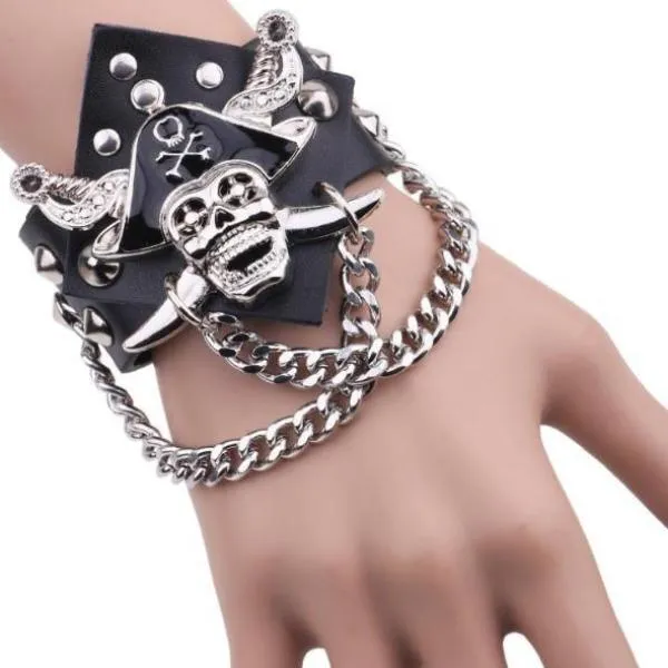 Black Pirate Metal Skull Leather Bracelet with Chains