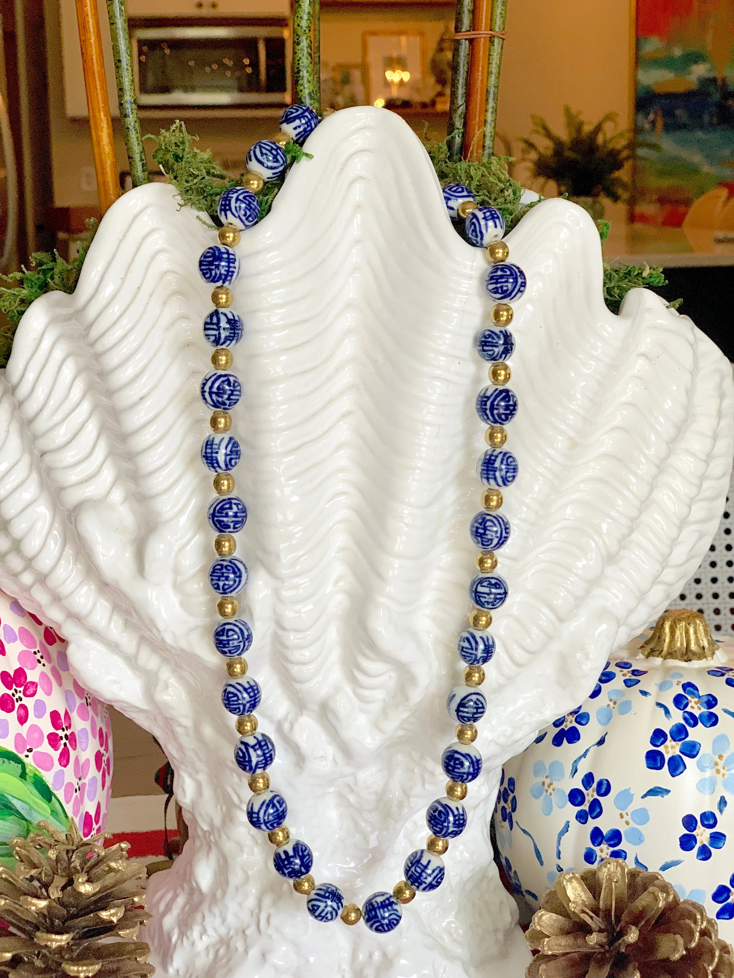 Blue and White Porcelain Chinoiserie Bead Necklace