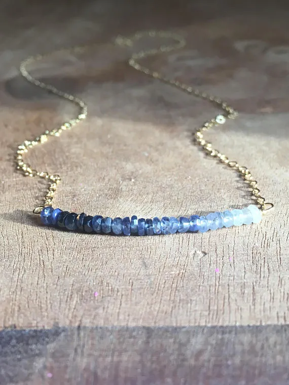 Blue Sapphire Bar Necklace Sterling Silver or Gold Filled