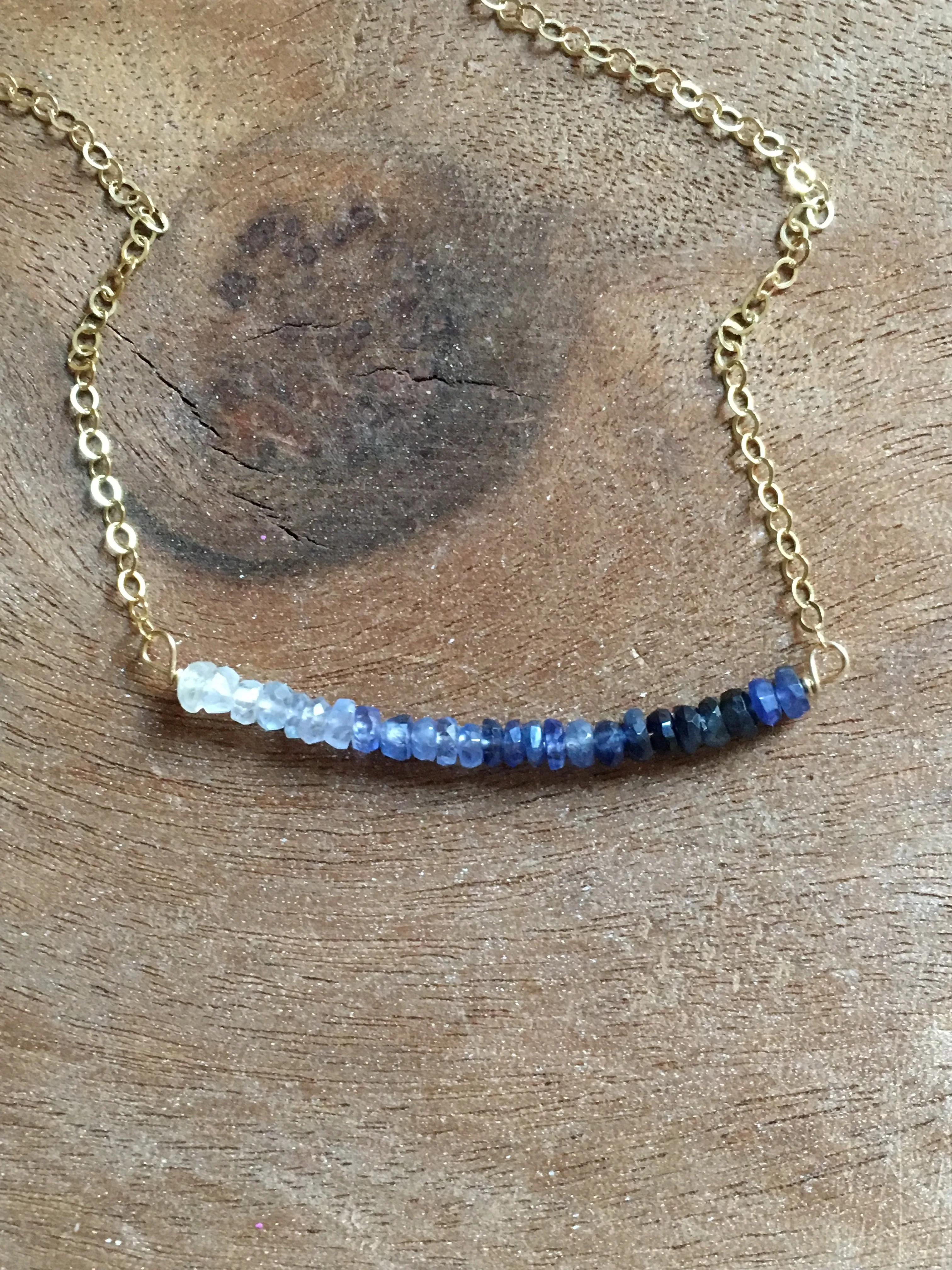 Blue Sapphire Bar Necklace Sterling Silver or Gold Filled