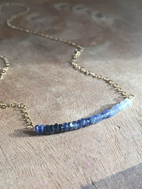 Blue Sapphire Bar Necklace Sterling Silver or Gold Filled