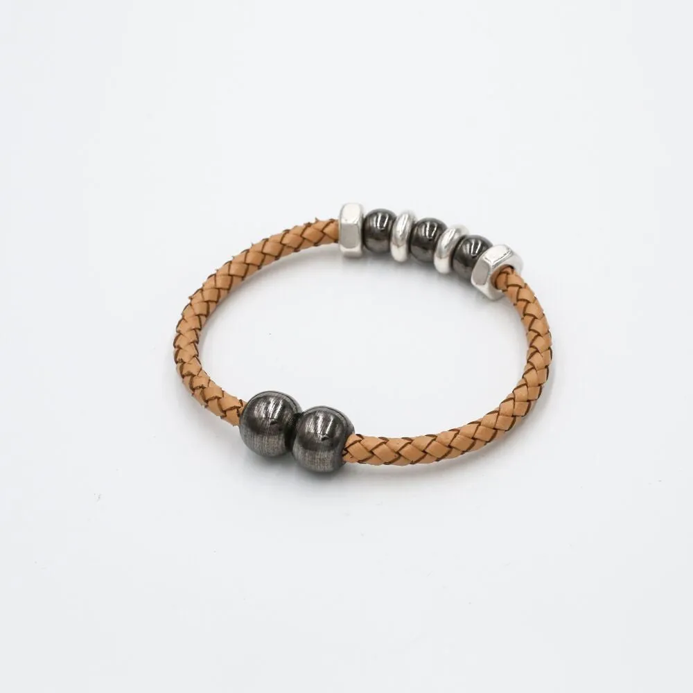 Braided Leather & Metal Ball Bracelet