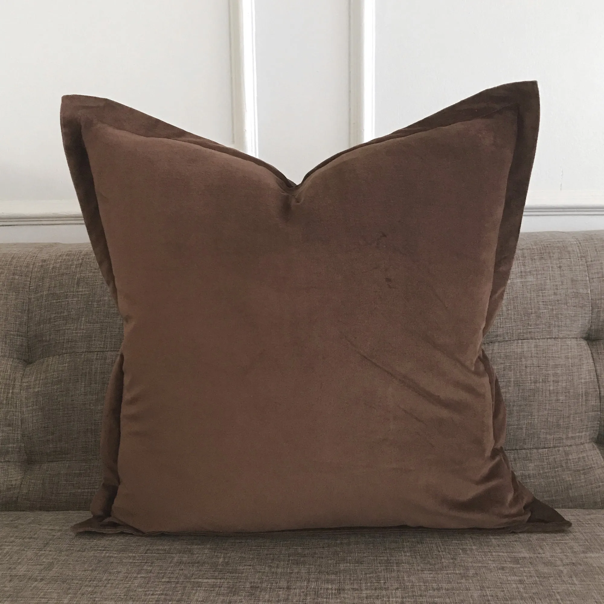 Brown Velvet Self Flange Throw Pillow Cover 22x22