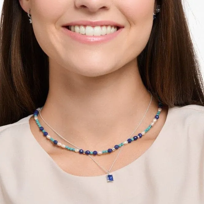 Charming Blue Stones And Pearls Necklace KE2162-775-7-L45V