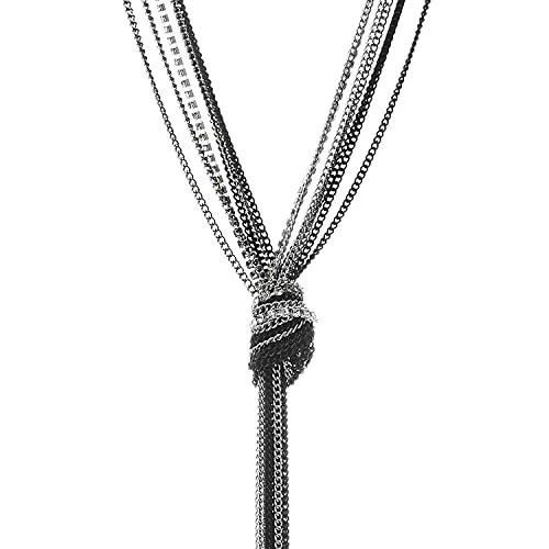 Chic Silver Black Lariat Necklace Tassel Pendant with Rhinestones, Multi-strand Long Chains Y-Shape