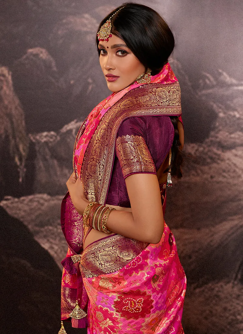 Dark Pink Weaved And Printed Traditional Jacquard Silk Saree