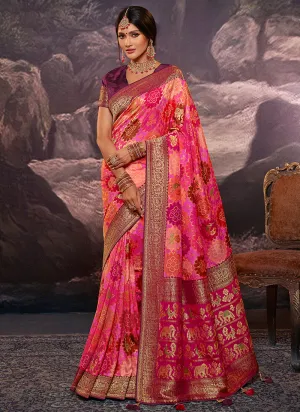 Dark Pink Weaved And Printed Traditional Jacquard Silk Saree