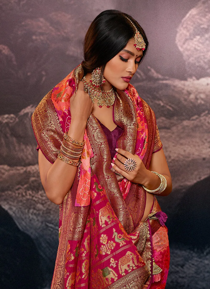 Dark Pink Weaved And Printed Traditional Jacquard Silk Saree