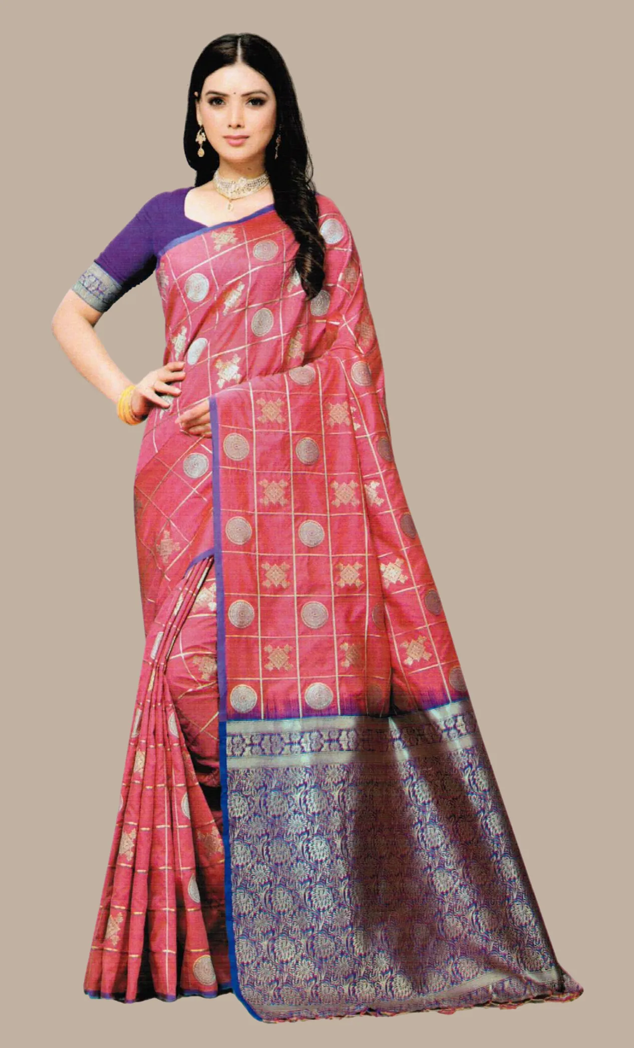 Deep Coral Woven Art Silk Sari