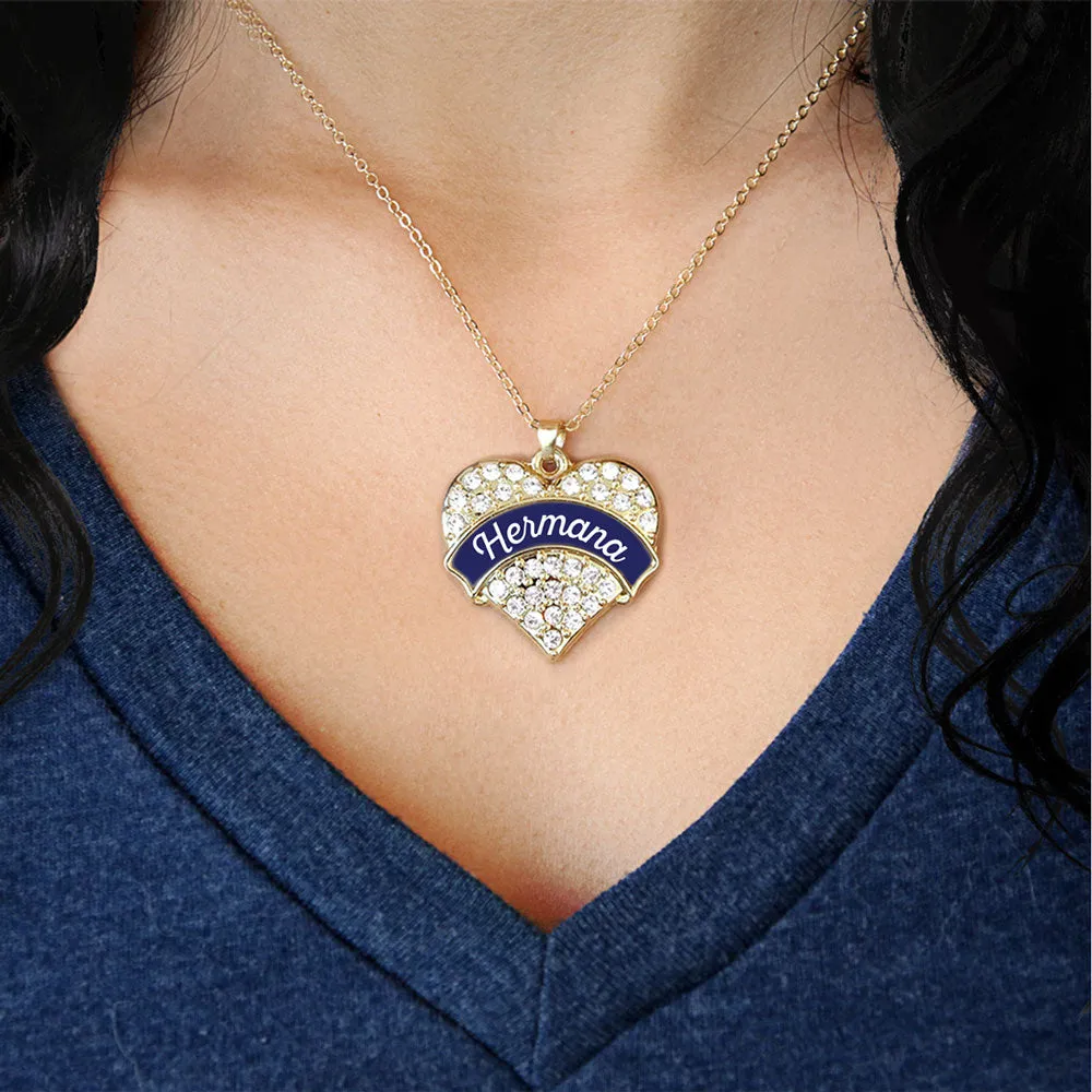 Gold Hermana - Navy Blue Pave Heart Charm Classic Necklace