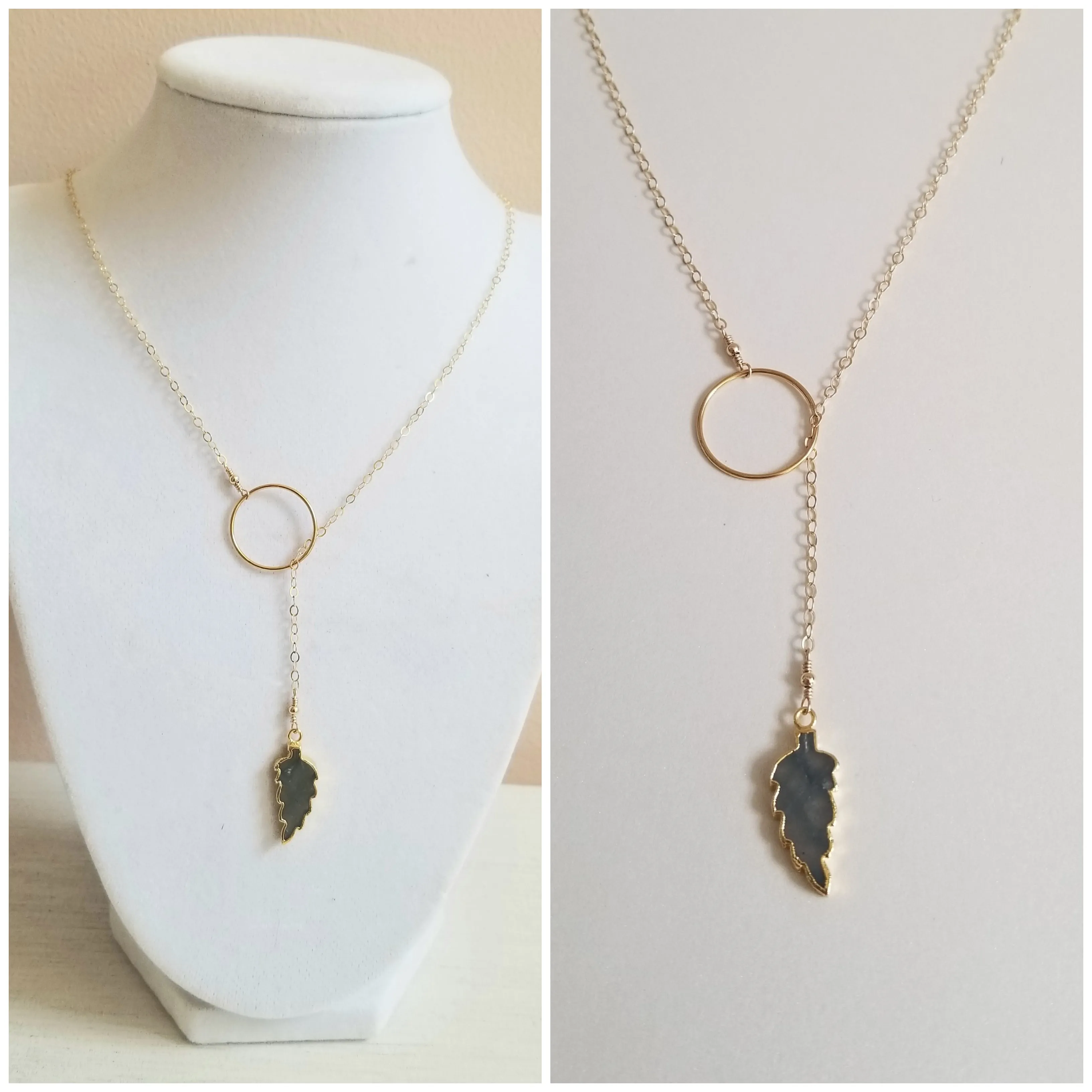 Gold Labradorite Leaf Lariat Necklace