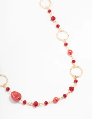 Gold Long Red Stone Mixed Beads Necklace