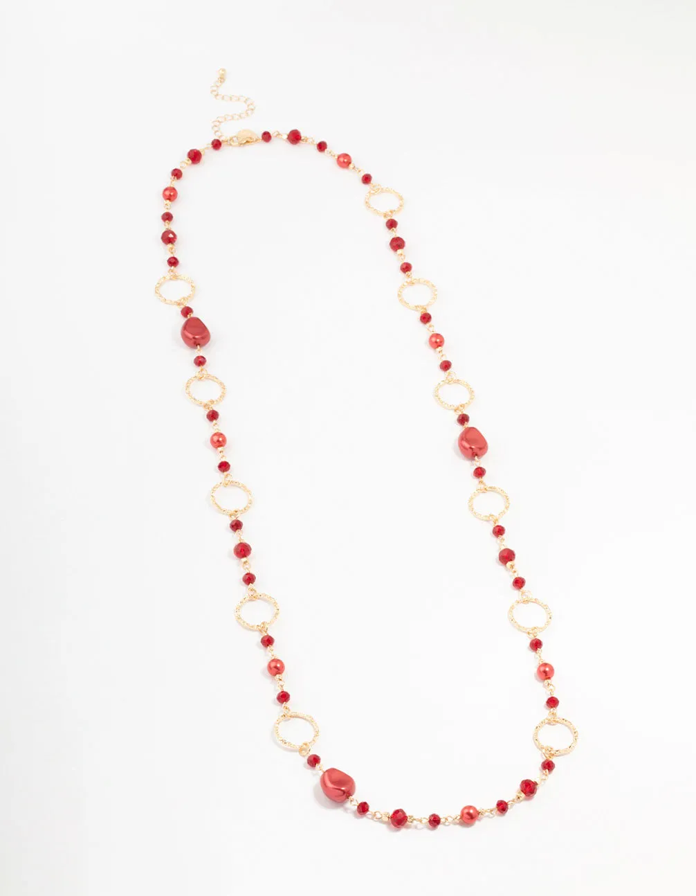 Gold Long Red Stone Mixed Beads Necklace