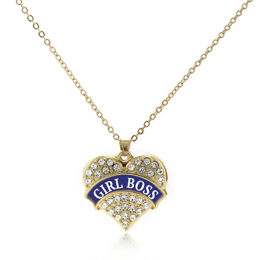 Gold Navy Blue Girl Boss Pave Heart Charm Classic Necklace