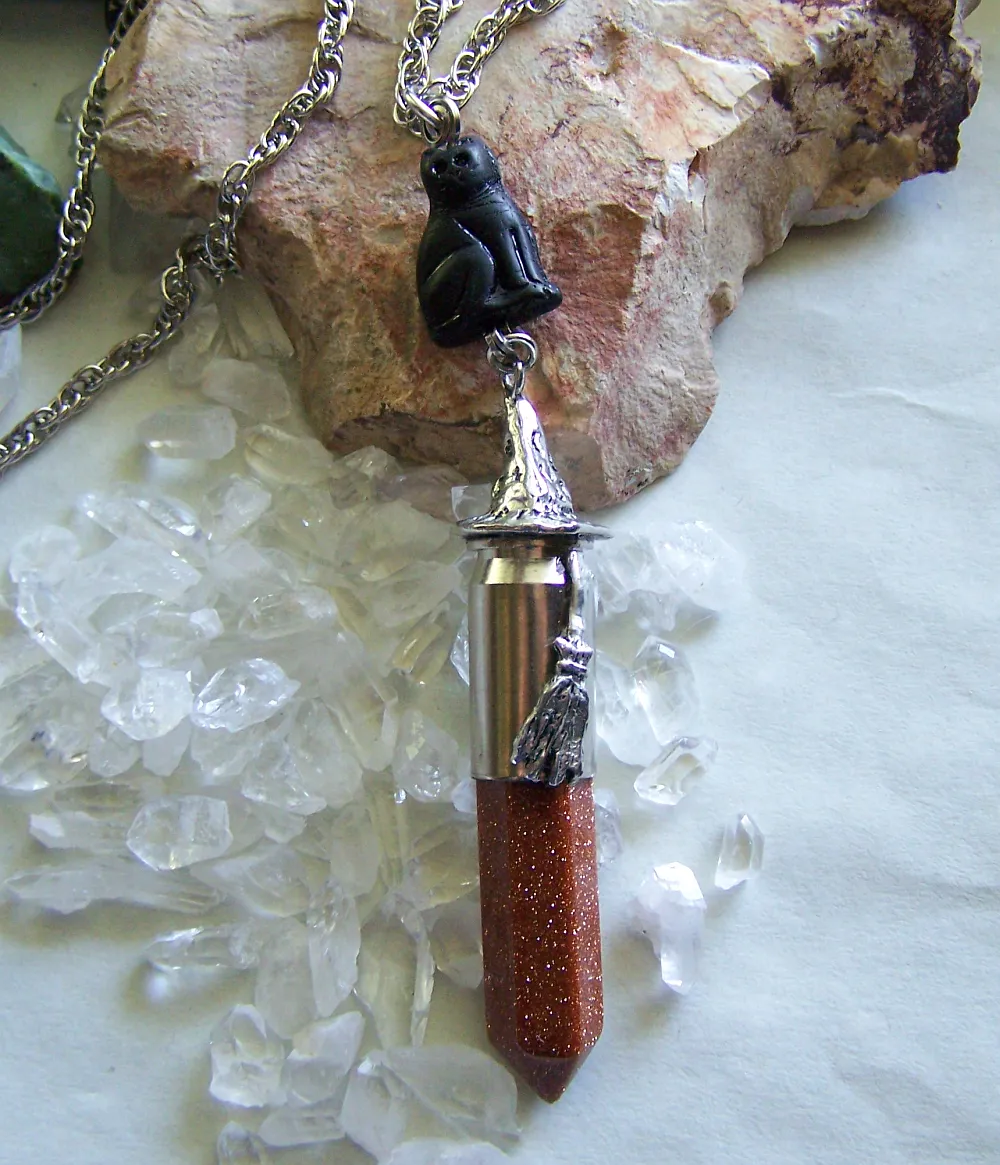 Goldstone Witch Hat Broom Black Cat Silver Bullet Jewelry Pendant