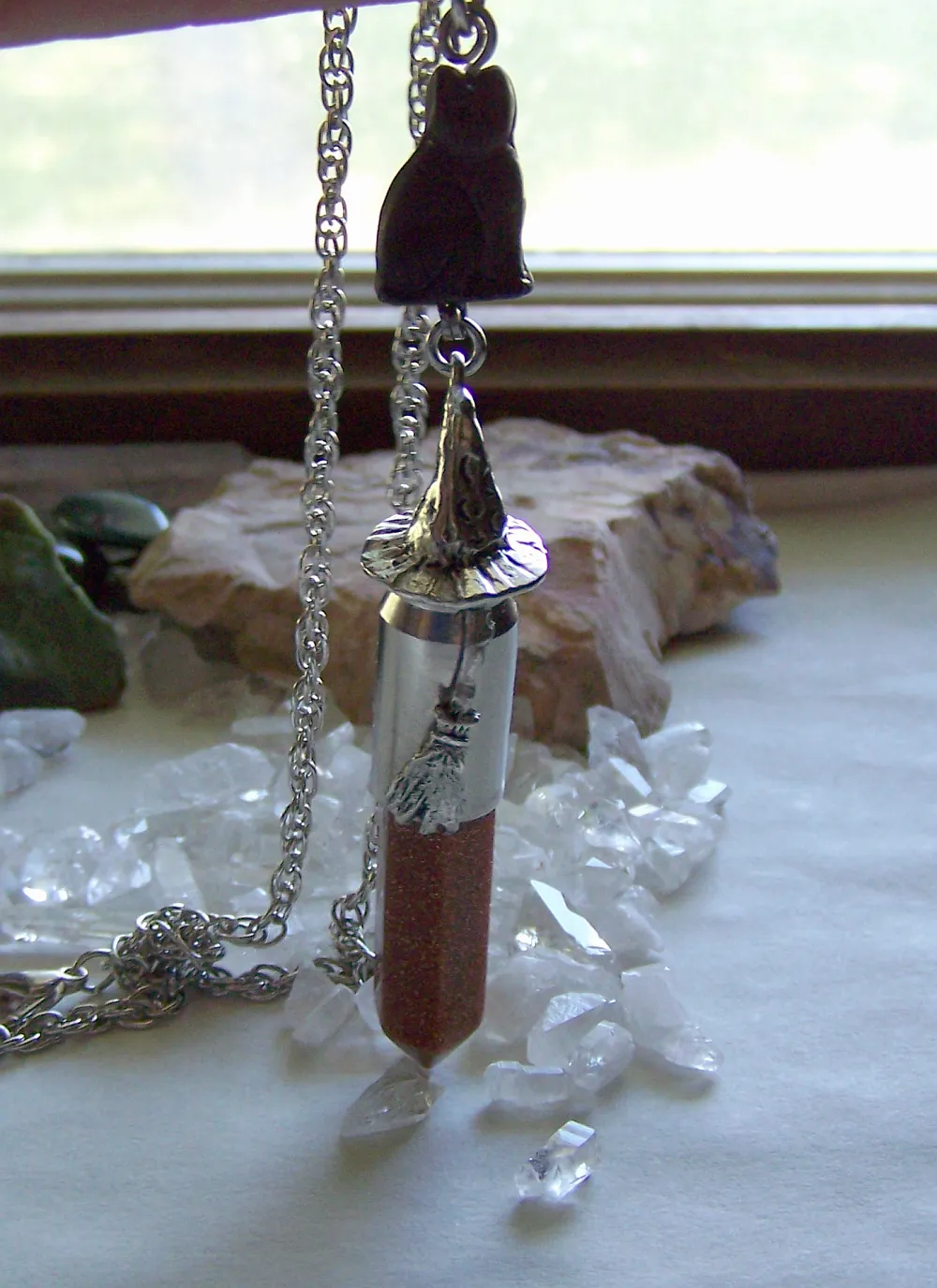 Goldstone Witch Hat Broom Black Cat Silver Bullet Jewelry Pendant