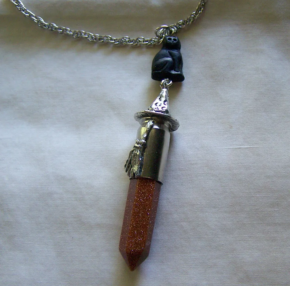 Goldstone Witch Hat Broom Black Cat Silver Bullet Jewelry Pendant