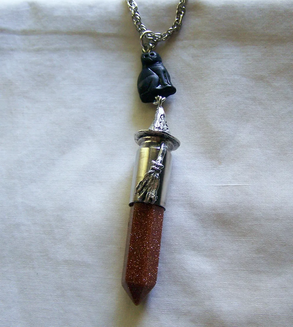 Goldstone Witch Hat Broom Black Cat Silver Bullet Jewelry Pendant