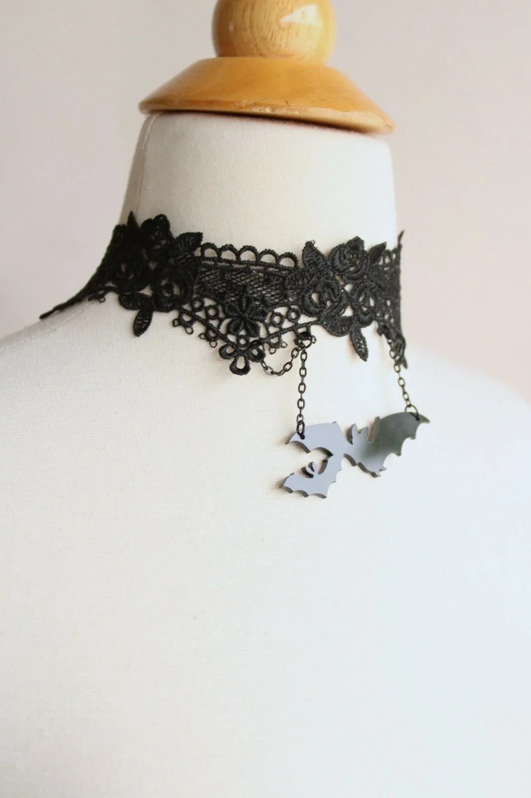 Goth Choker Necklace, Black Lace and Bats