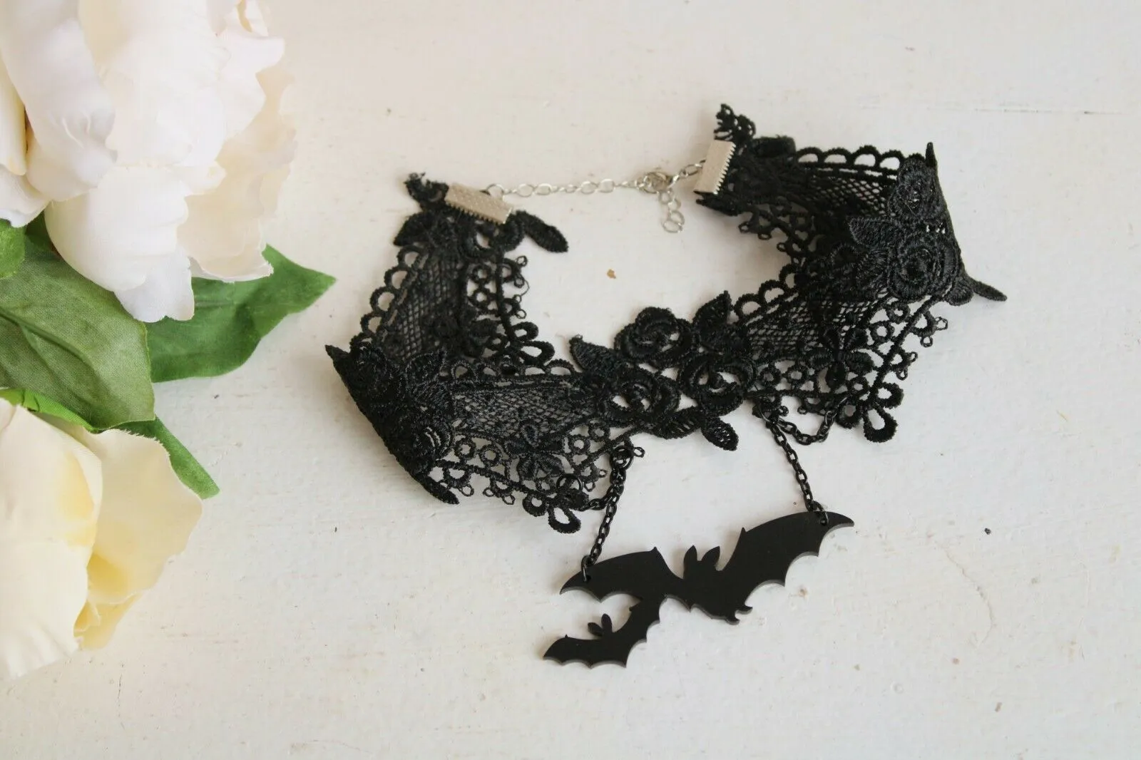 Goth Choker Necklace, Black Lace and Bats