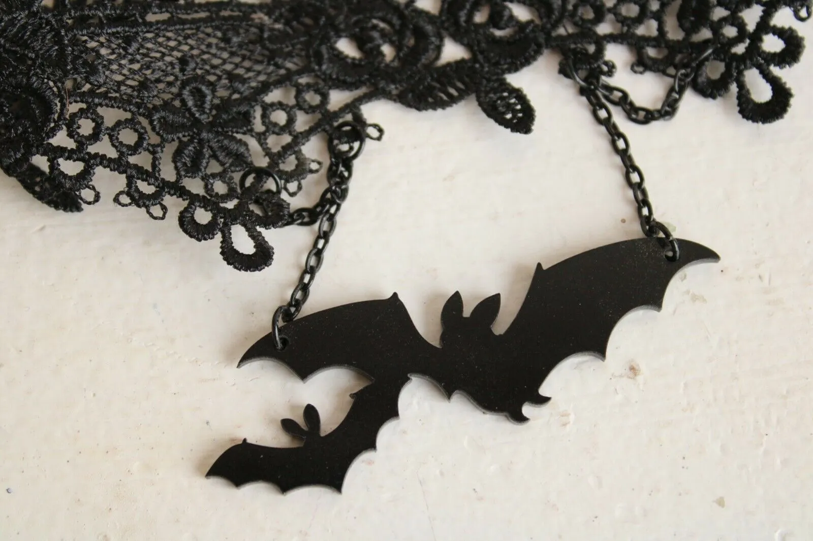 Goth Choker Necklace, Black Lace and Bats